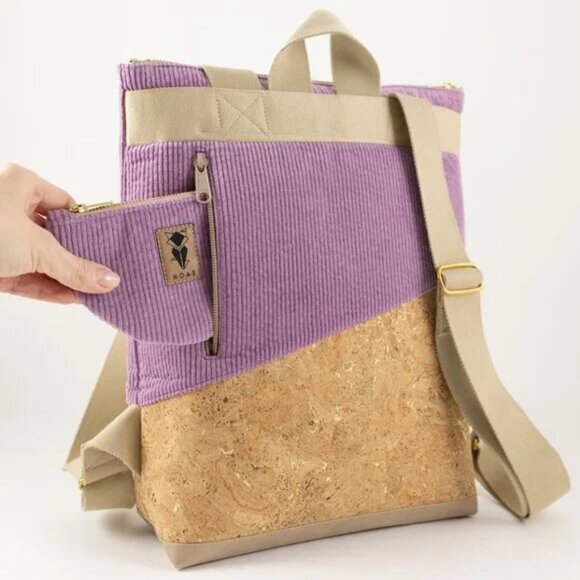 HANDMADE Noas Berlin Purple Lilac Corduroy / Natural Gold Beige Cork Backpack - Picture 2 of 8